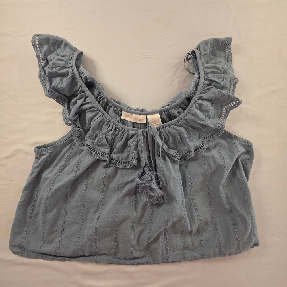 Shabby Chic Cotton Eyelet Ruffle Crop Top Tassel Tie Blue Medium Boho Cottage
